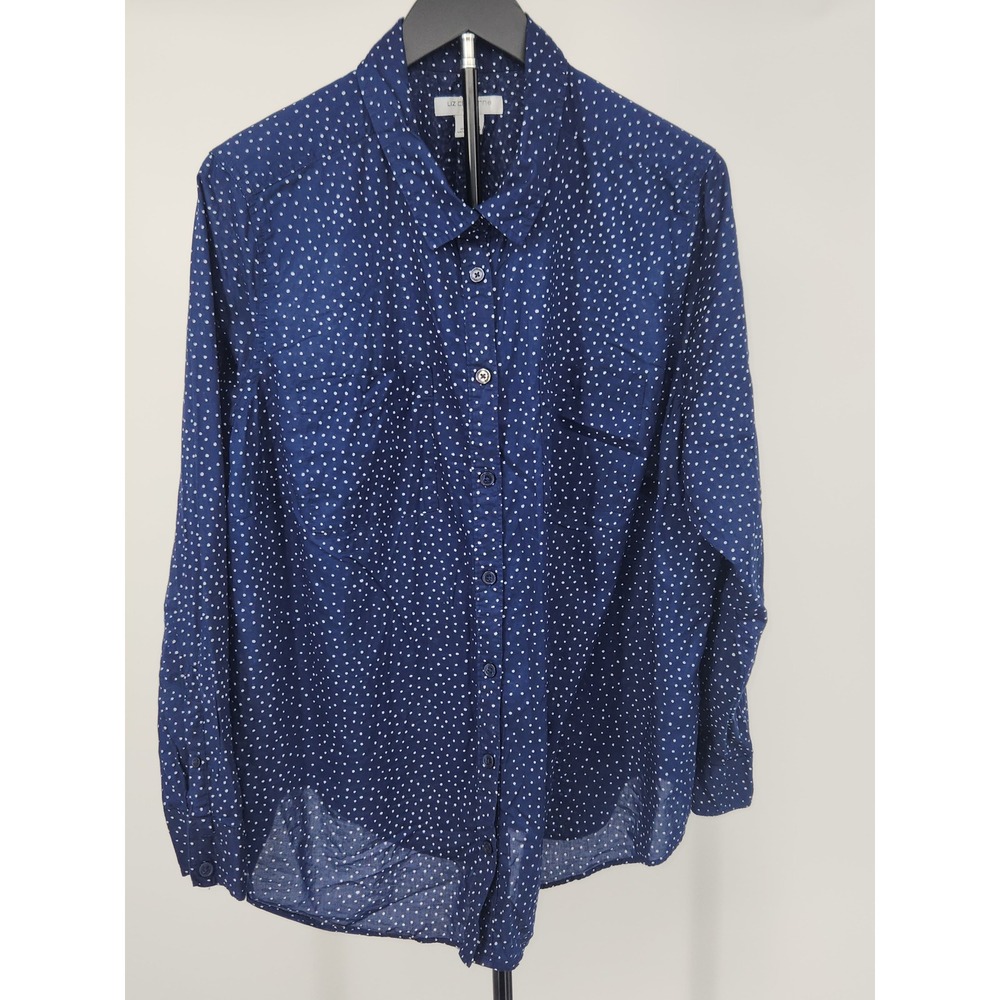 Liz Claiborne Navy Blue Polka Dot Cotton Button Down Shirt Womens 1X Pockets